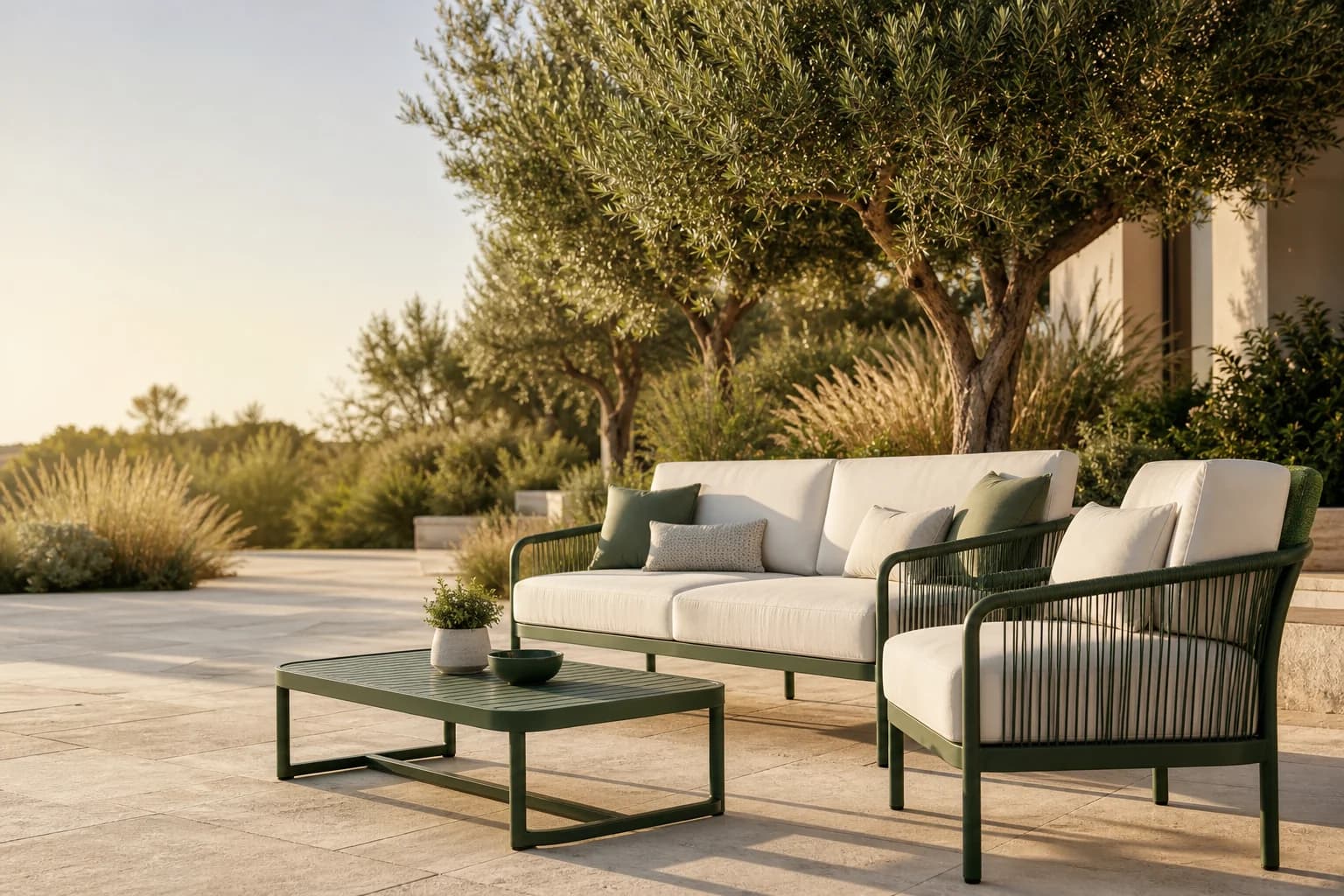 Garden terrace with a modern green lounge set